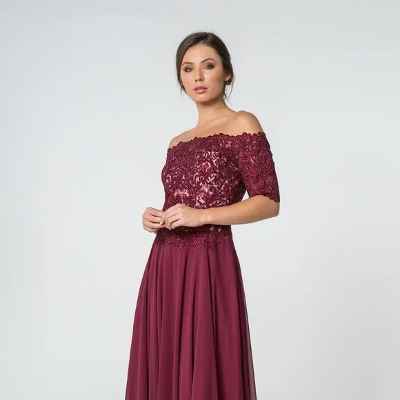 NEW LONG OFF THE SHOULDER EMBROIDERED LACE DRESS WITH SHORT